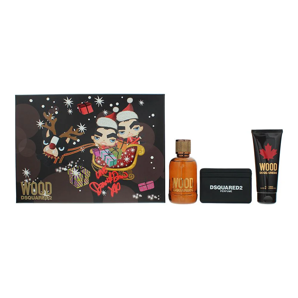 Dsquared2 Wood 3 Piece Gift Set: EDT 100ml - Shower Gel 100ml - Pouch For Men